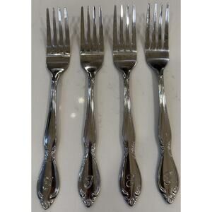 Vtg Set of 4 Dinner Forks “T” Monogram Custom Made Floral Stainless Flatware EUC